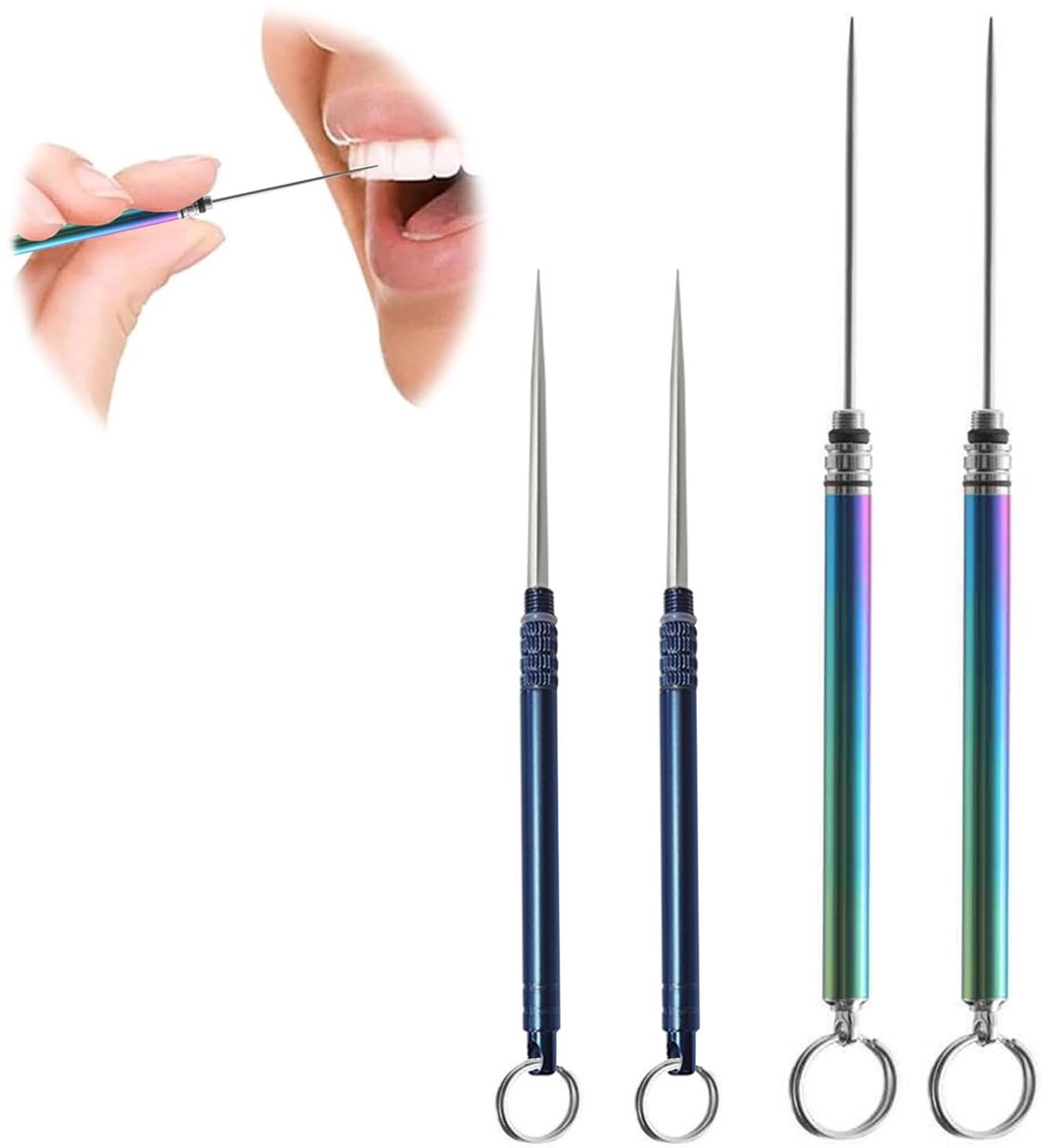 Dailygoods - Set van 4 Herbruikbare Titanium Tandenstokers met Sleutelhanger
