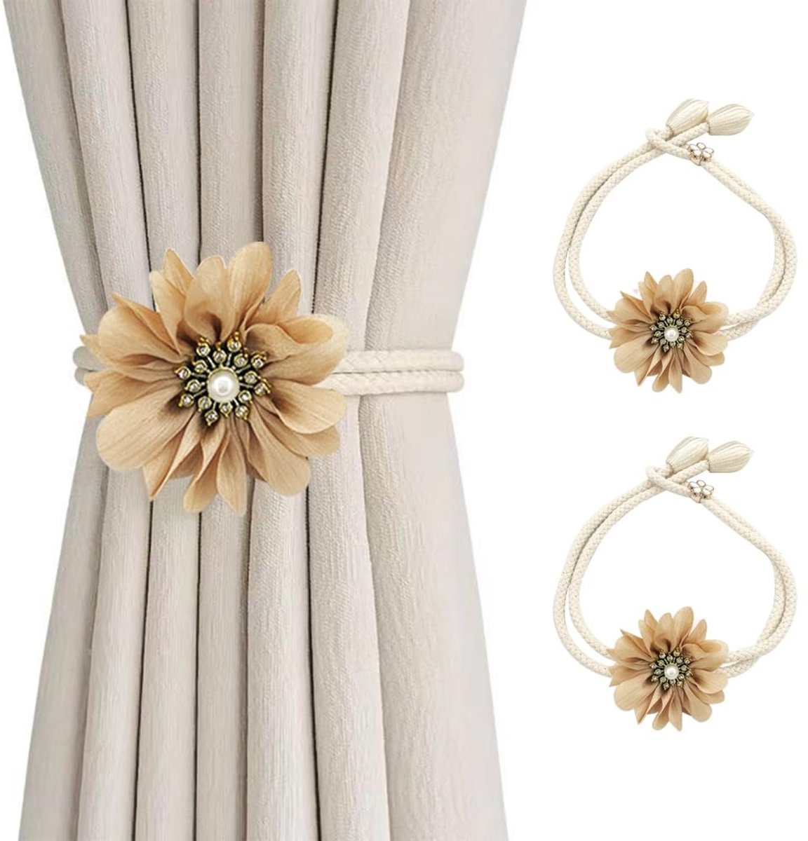 Dailygoods- Gordijnbinders 2 Stuks - Bloemvormige Gordijnhouders - Verstelbare Lengte - Eenvoudig te Installeren - Decoratieve Gordijnen - Elegante Huissfeer