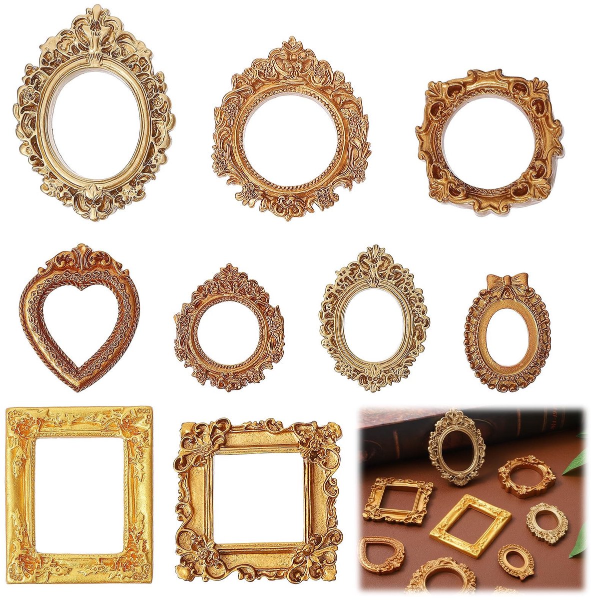 Dailygoods- Fotolijst Set van 9 - Mini Fotolijsten - Vintage Kunsthars - Barok Frame - Wanddecoratie - Sieraden Display