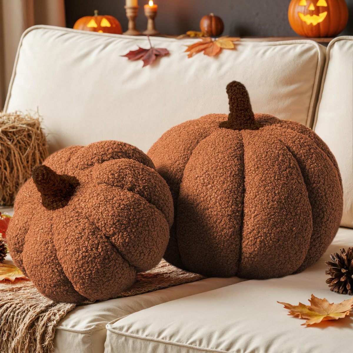 Dailygoods- Pompoen Kussen Set van 2 - Herfst Decoratie - Zacht Pluche - 3D-Vormig - Halloween Sierkussen - Afmetingen 32x22 cm & 23x18 cm - Decoratiekussen