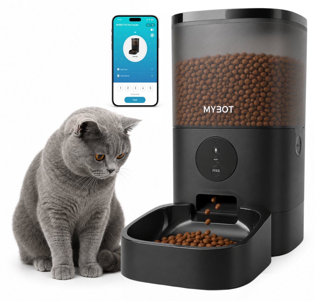 MYBOT Automatische Voerbak - Kat en Hond - Voerautomaat 6L - Met App en Spraakopname - Voor Droogvoer - Zwart - P3
