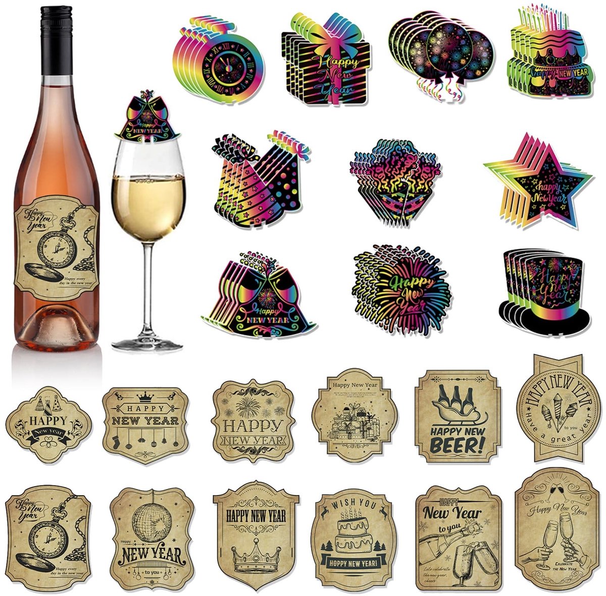 Dailygoods- Flessenetiketten 112 Stuks - Decoratie voor Wijnglazen - Gepersonaliseerde Stickers - Feestdecoratie - Oudejaarsavond - Papiermateriaal - Wijnetiketten