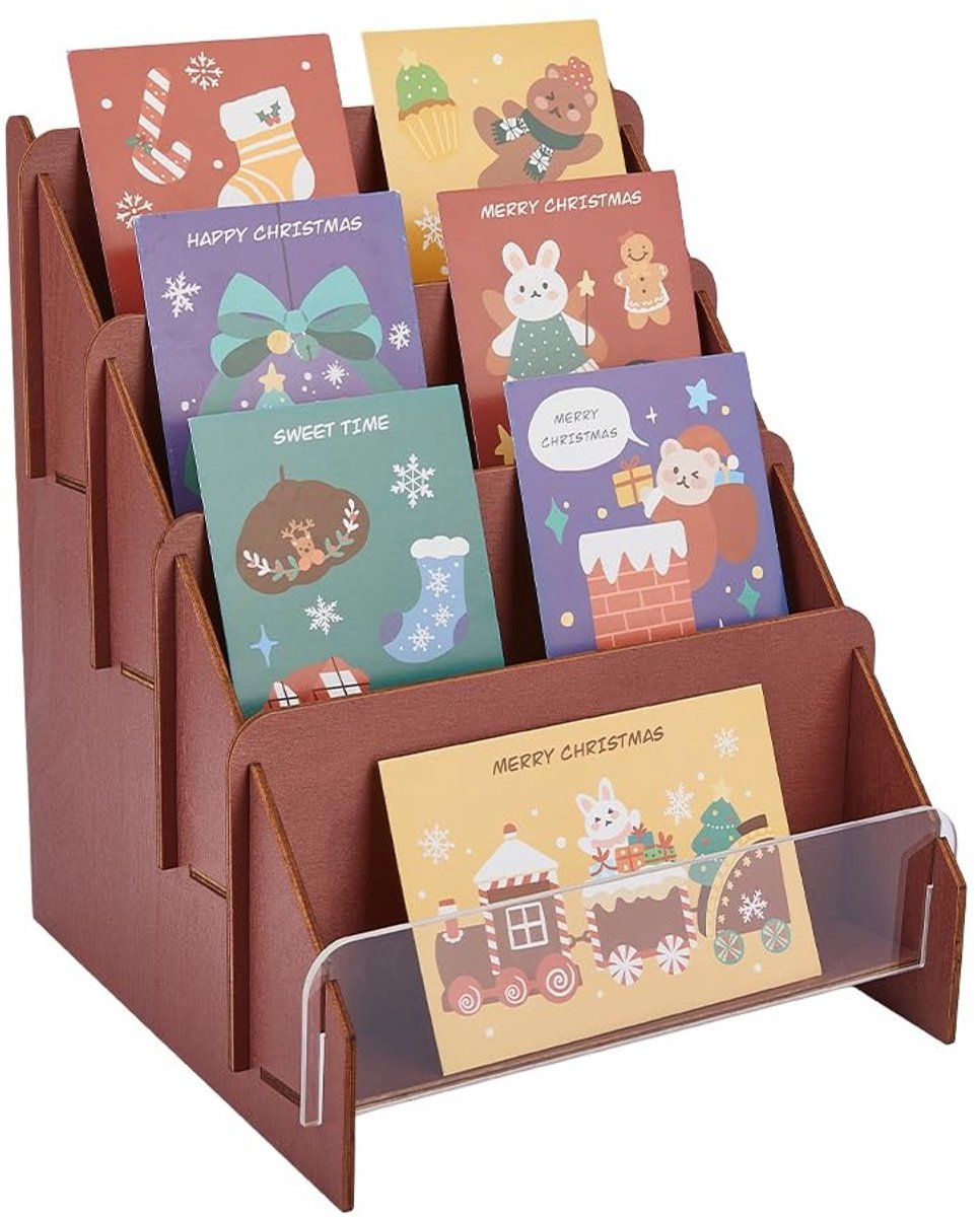 Dailygoods- Wenskaartdisplay 4-Tier Houten - Display Standaard - Acryl Houder - Multifunctioneel - Indiaas Rood - 24,5 cm breed, 30 cm hoog - Displaystand