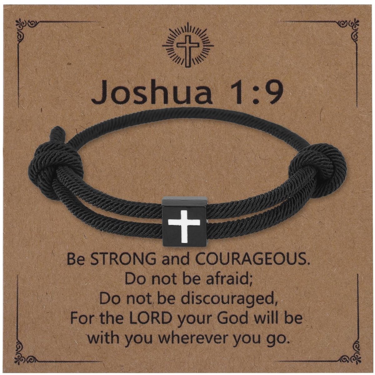 Dailygoods- Kruisarmband Verstelbaar - Zwart Touw - Christelijke Doopbevestigingscadeau - Voor Tienerjongens 8-18 Jaar - Inclusief Kaart - Premium Milanese Touw - Armband