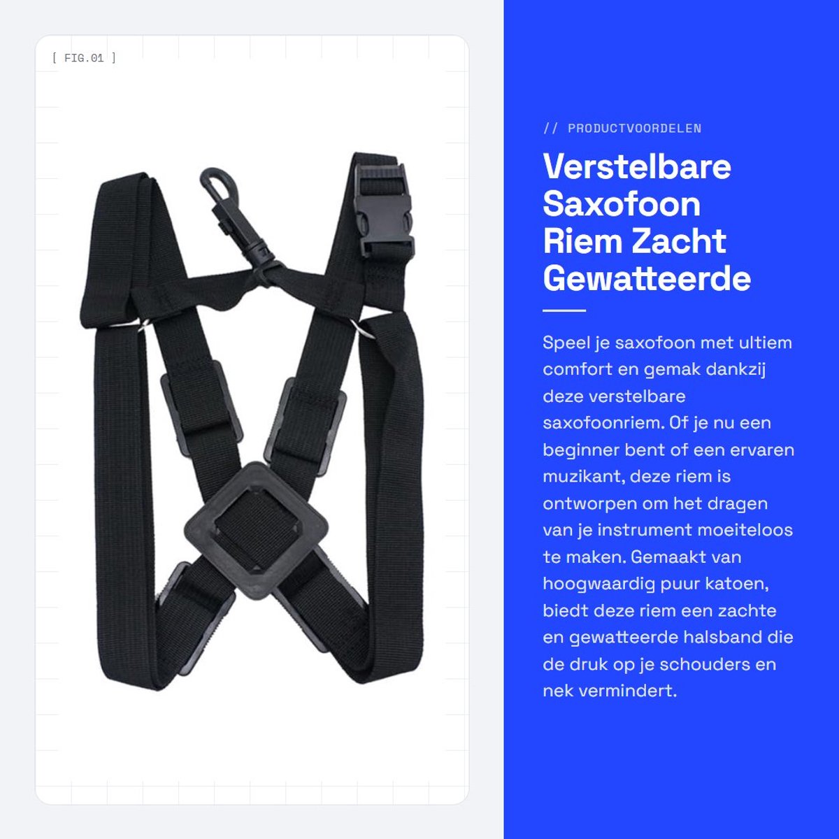 Dailygoods- Saxofoon Riem Verstelbaar - Zacht Gewatteerde Halsband - Hoogwaardig Katoen - Geschikt voor Kleine/Grote Saxofoons - Vier Gespen - Duurzaam - Saxofoonband