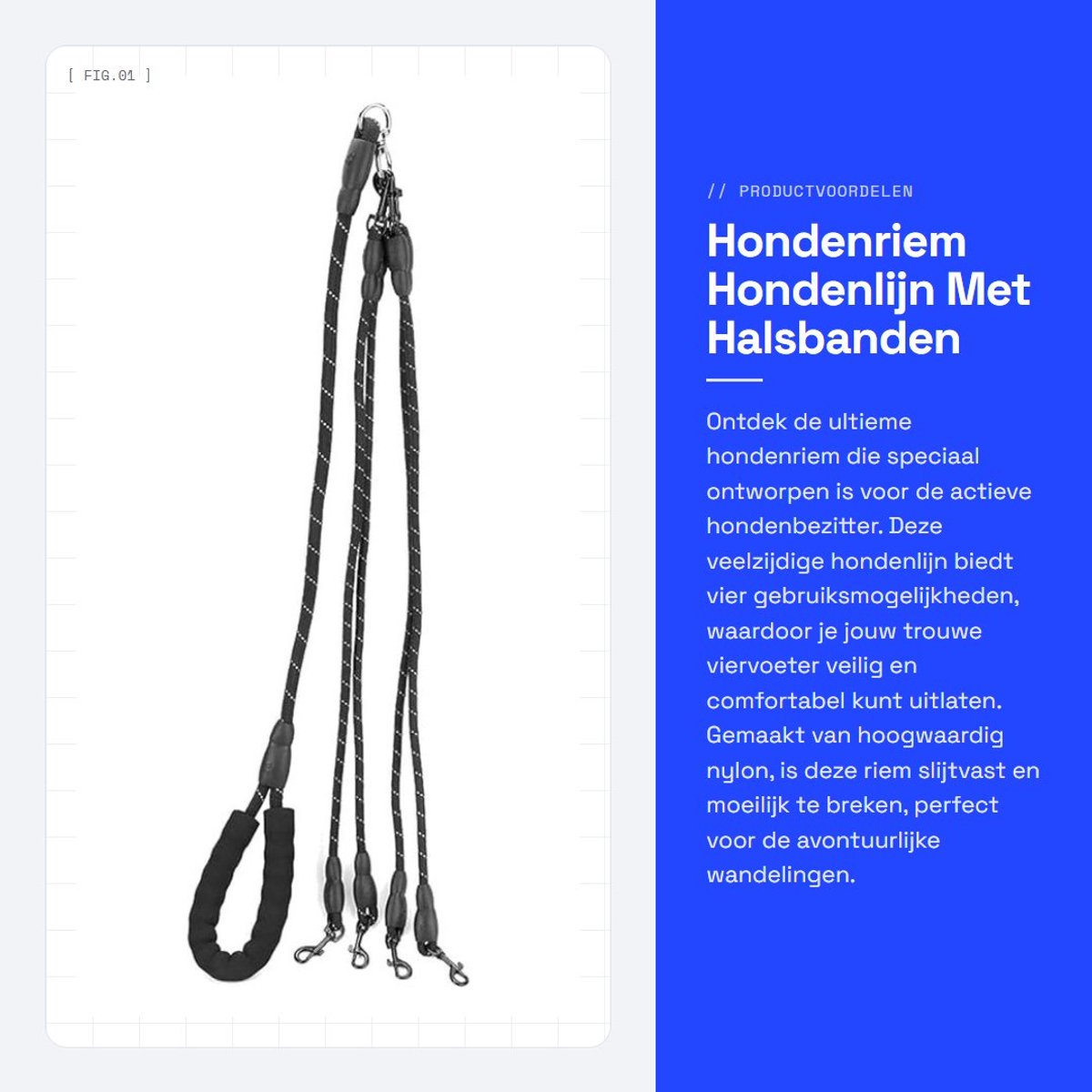 Dailygoods- Hondenriem 1,5 m - Nylon - Schokbestendig - Metalen gesp - Antislip handvat - Duurzaam en slijtvast - Hondentuig