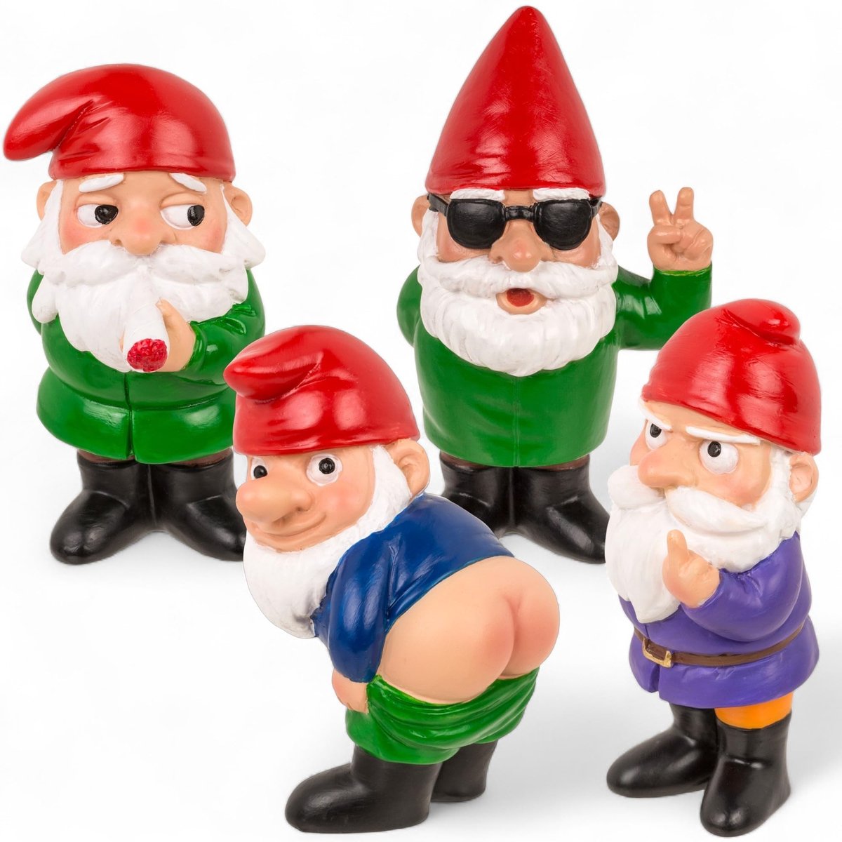 Dailygoods- Tuinkabouterset - 4 Mini-Dwergen van Polyhars - Grappige Tuindecoratie - Bureau Decoratiefiguren - Unieke Persoonlijkheden - Humoristische Cadeautjes