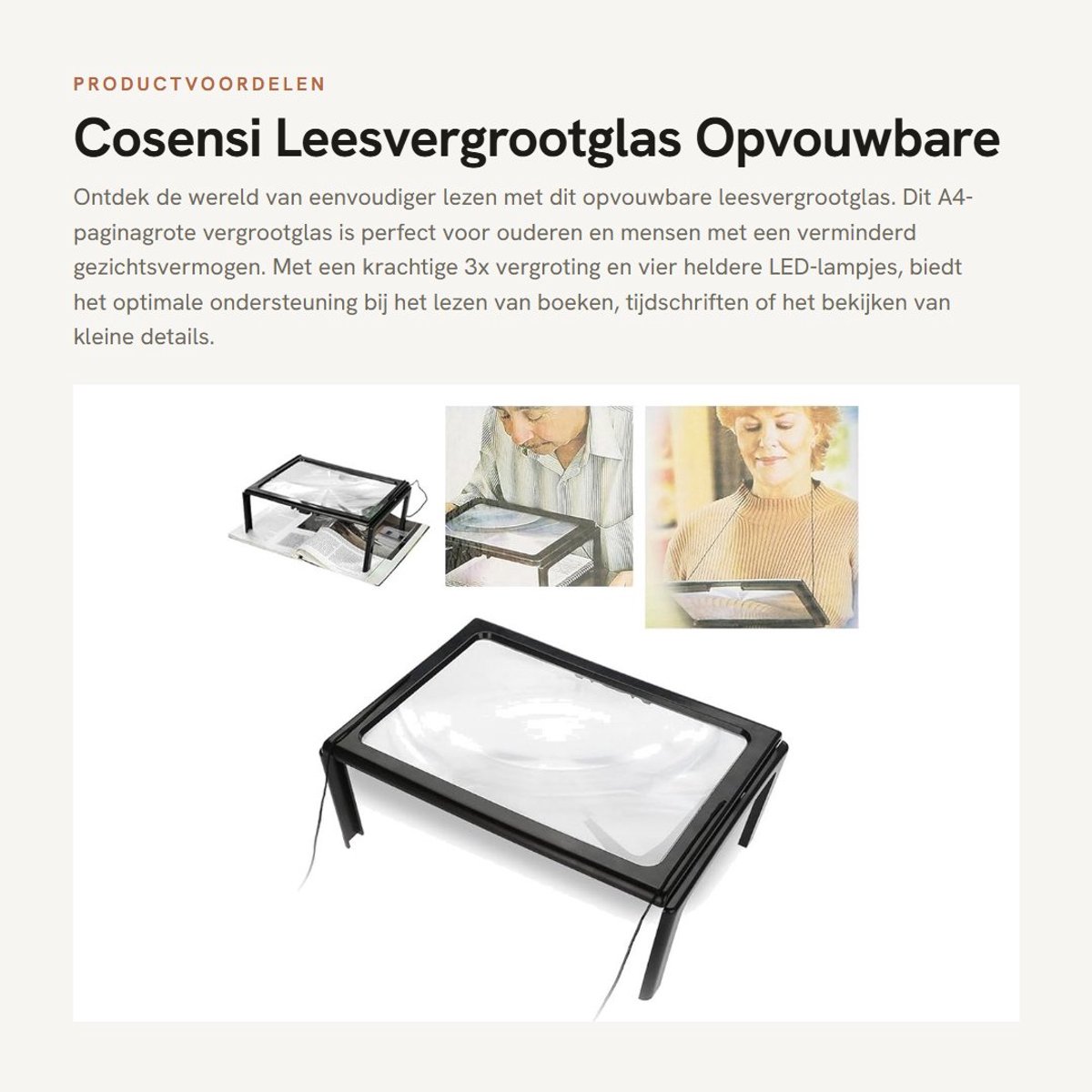Dailygoods - Leesvergrootglas - Opvouwbare Vergrootlens - 3x Vergroting - A4 Formaat - LED-Leeslampjes - Ideaal voor Ouderen - Handig en Draagbaar
