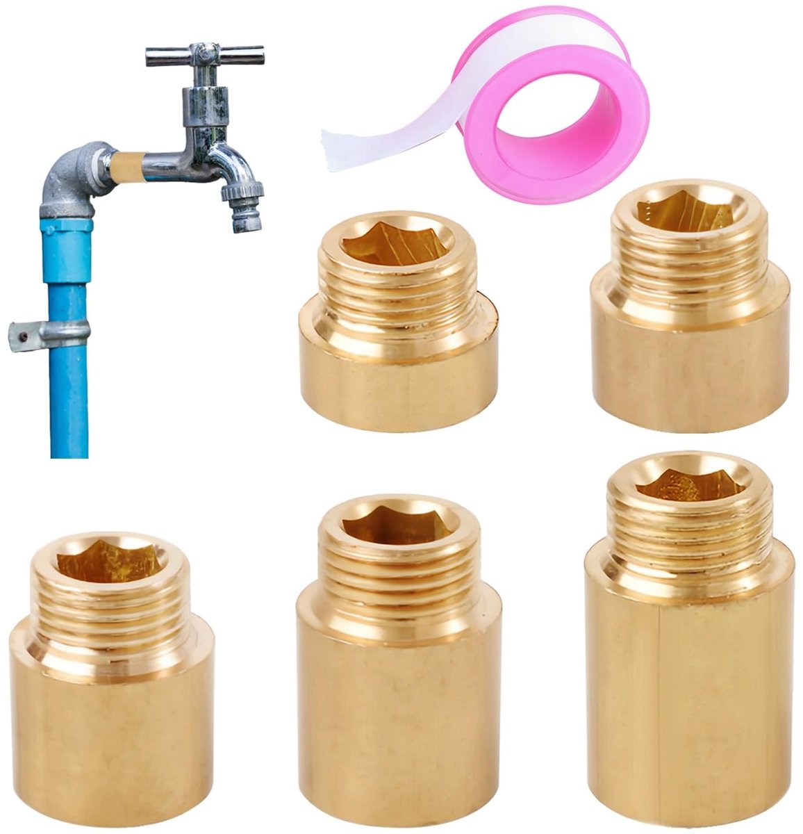 Dailygoods- Kraanverlenging 1/2 Inch - 5 Stuks - Messing - Schroefdraadverlenging - Waterkraan - Drinkwater Gebruik - Kraanadapter