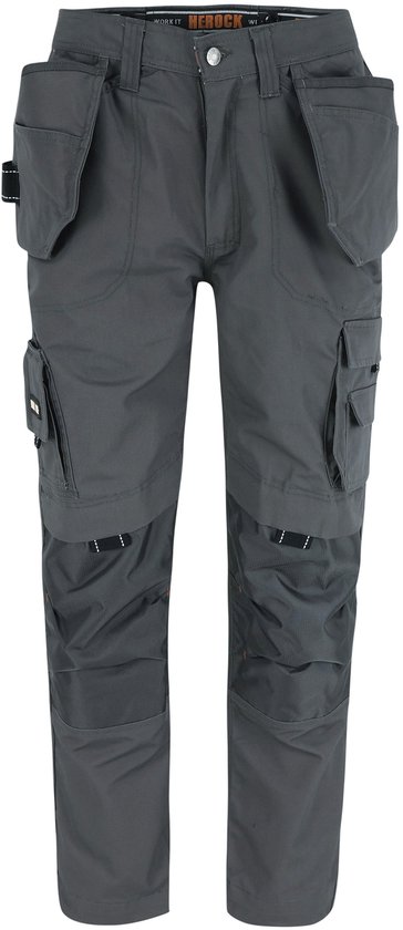 Grijze werkbroek met versterkte knieën en opgestikte zakken.