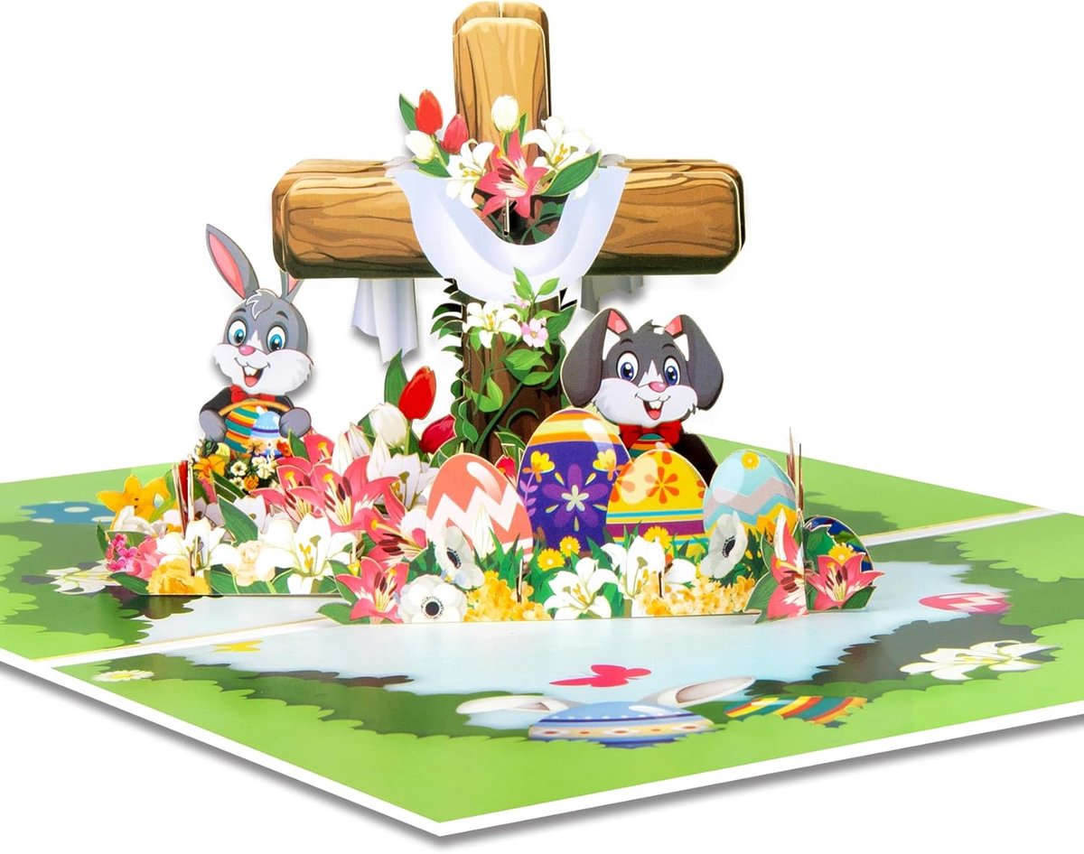 3D Paas Pop-Up Kaart met Paashaas, Bloemen en Kruis - Inclusief Envelop