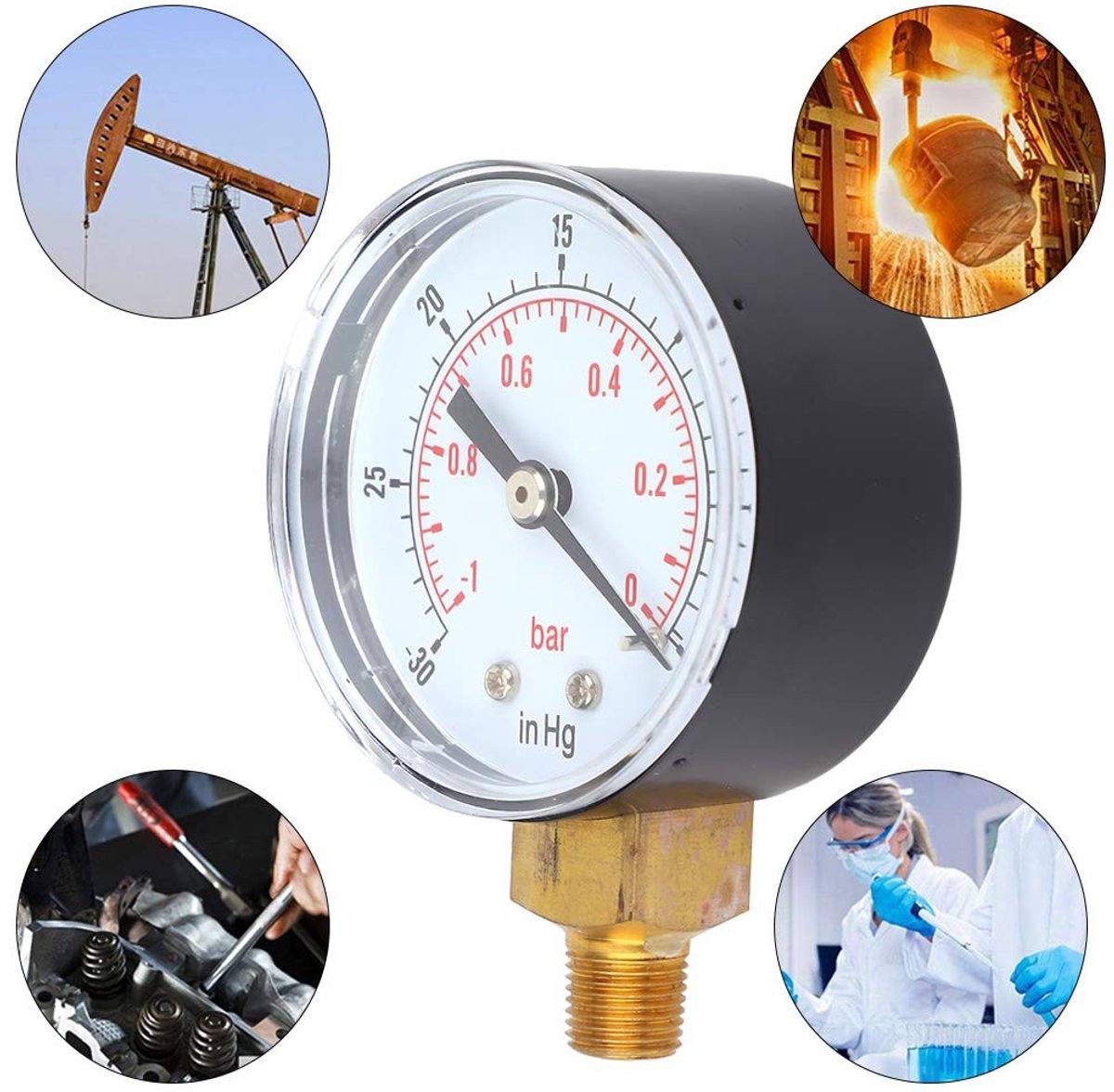 Dailygoods- Vacuum Gauge - 1/8 BSPT Aansluiting - Drukmeter - -1-0Bar/-30-0inHg - Messing - Transparante Behuizing - Nauwkeurige Meting