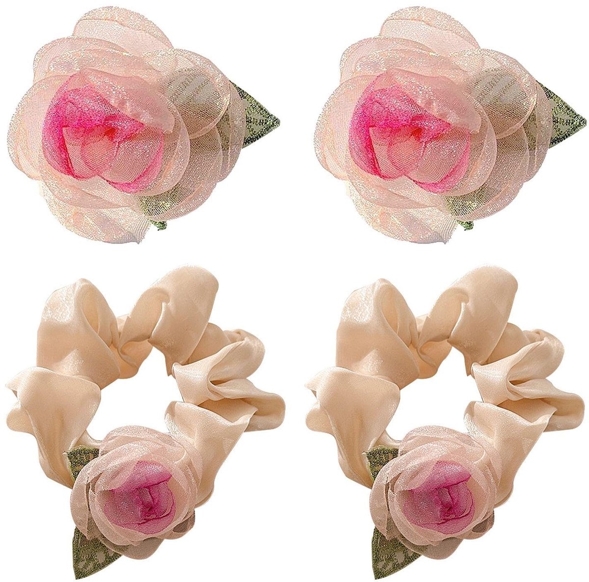 Allecto Plus - Set van 2 haarspelden en 2 haarelastiekjes met bloemen - Elegante dames haaraccessoires voor feestkapsels - Trendy kledingaccessoires met bloemenprints