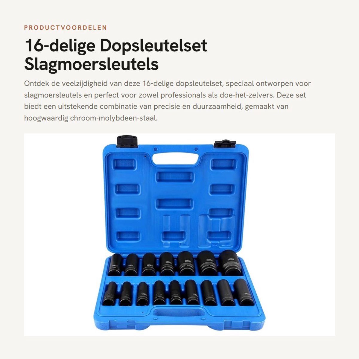 Dailygoods- Dopsleutelset 16-delig - Slagmoersleutels - 1/2 Inch Aandrijving - 10 Mm/32 Mm Binnenzeskant - Chroom-molybdeen-staal - Gereedschapskist - Slagsleutelset
