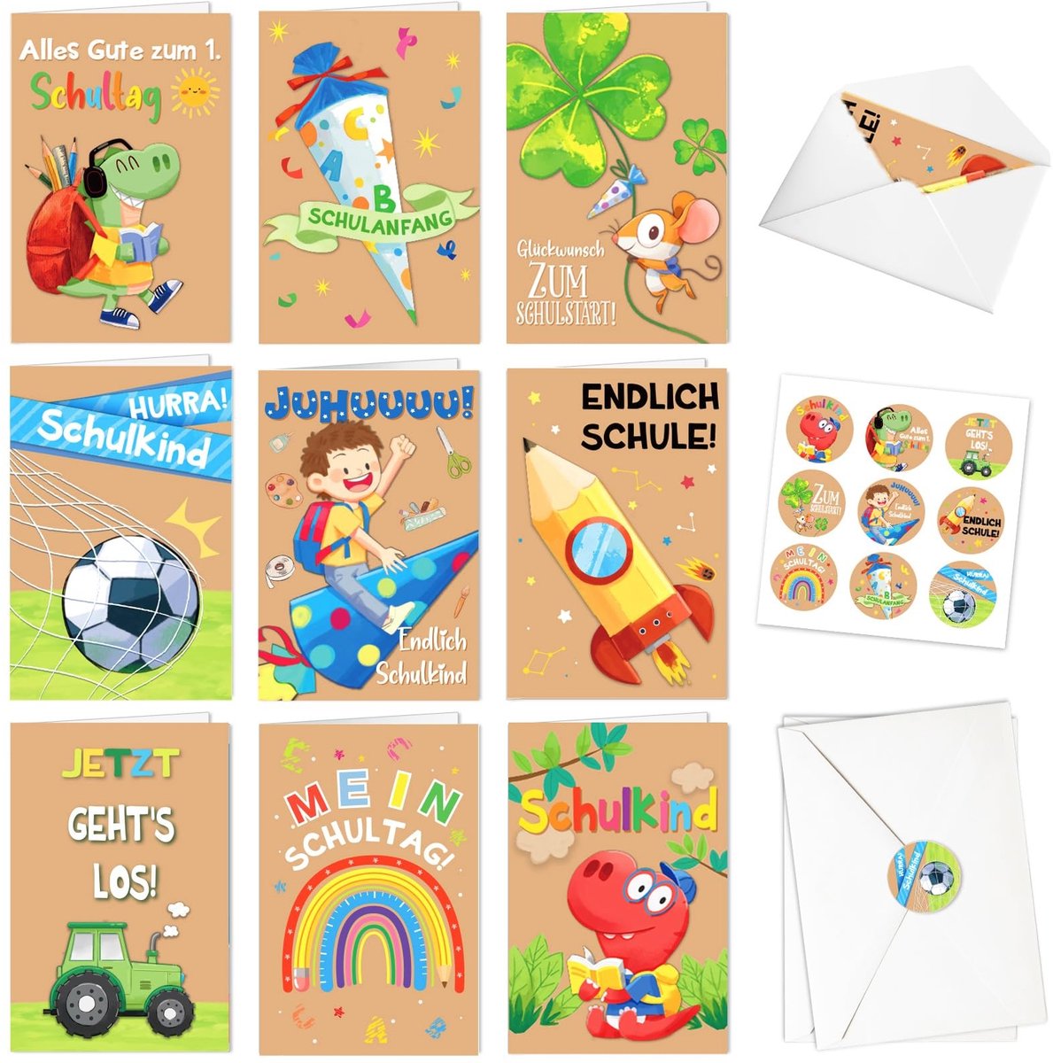 Dailygoods- Kinderwenskaarten Set - 9 Stuks - Wenskaarten Eerste Schooldag - Wenskaarten Blanco - Wenskaarten Verjaardag - Wenskaarten Bedankt