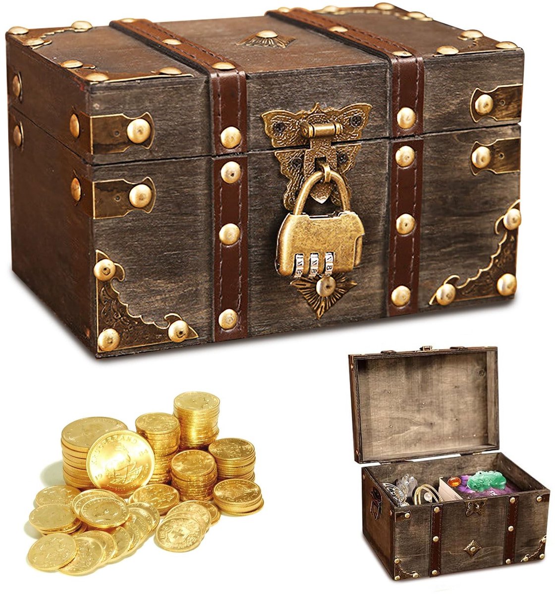 Dailygoods- Schatkist Vintage - Schatkist met Slot - Opbergdoos - Paulownia Hout - 18 x 11 x 10 cm - Decoratie voor Kinderen