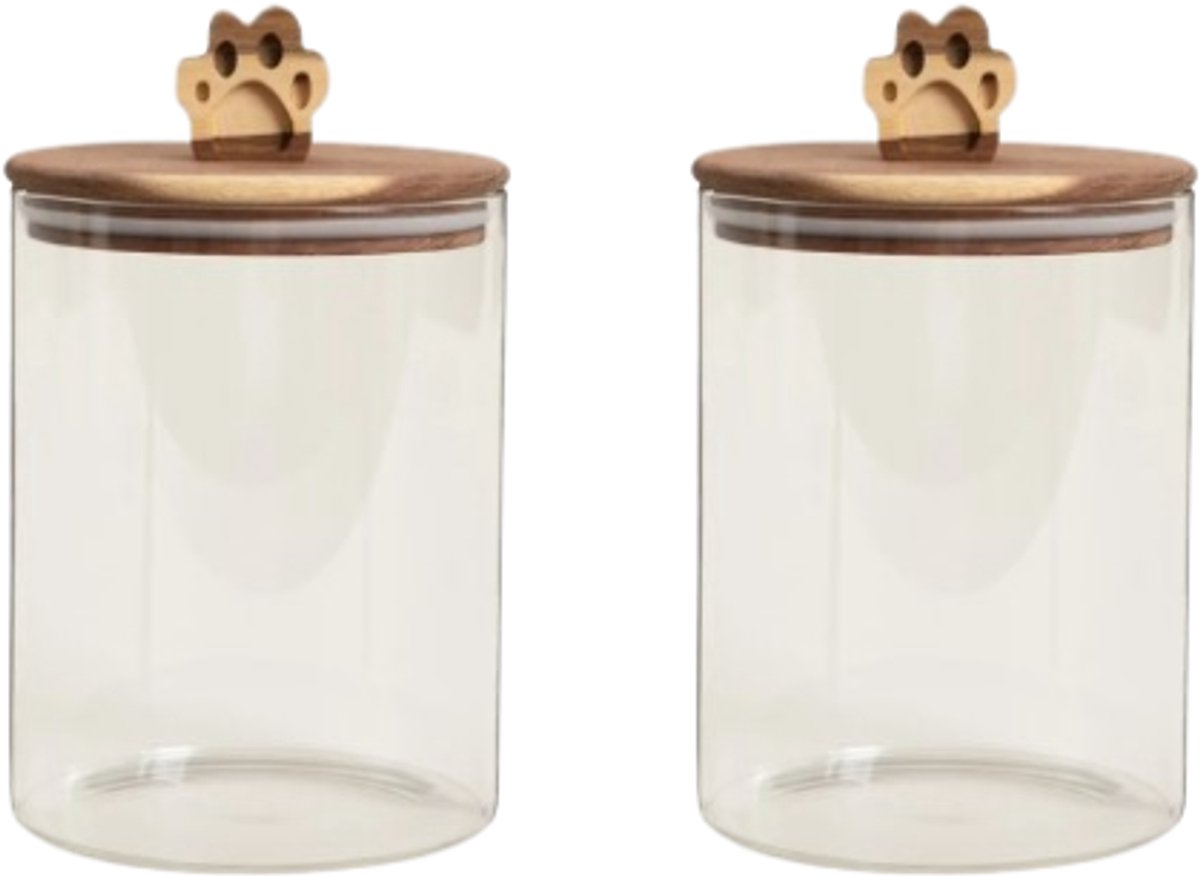 Homla - 2-Delige - Animali Hondensnack Bewaarpot - Dierenvoer Voorraadpot met Pootafdruk - Glazen Snoeppot voor Honden - Snackpot met Houten Deksel - 1.7 Liter - Glas en Hout - Ø13 x 21 cm - Transparant