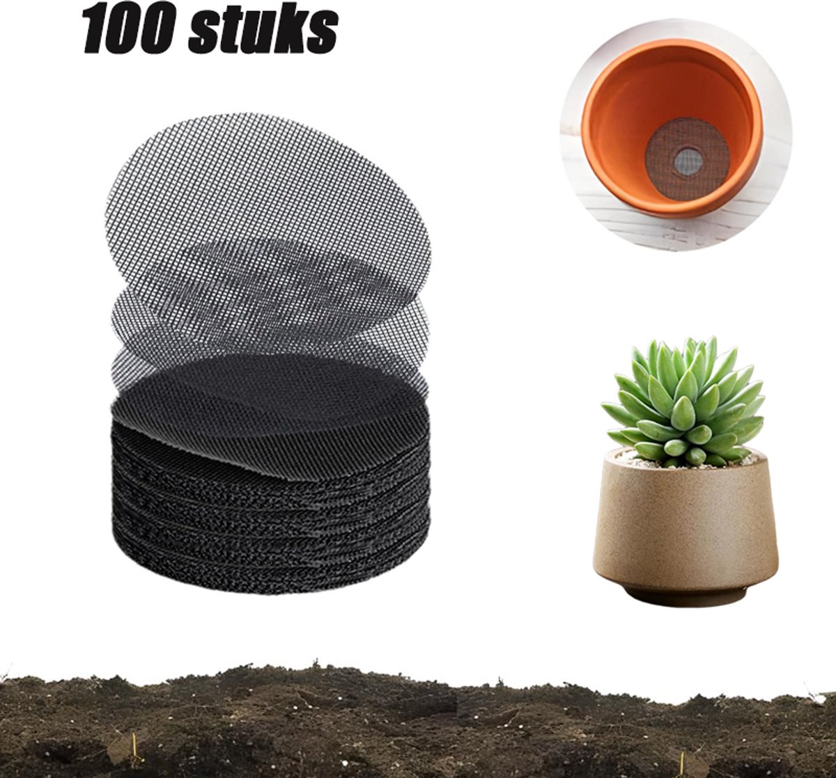 100 stuks - Bloempot Rooster - Bloempotmat 10cm - Bloempotgatgaasmatten - Zwart kunststof drainagegaas voor bloempotten - Anti-lek mat voor bonsai, kamerplanten & tuinplanten - Ronde