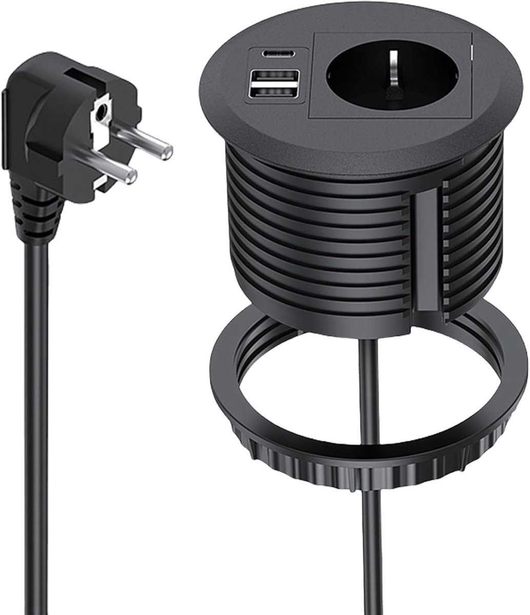 Inbouwstopcontact met USB - Tafelstekkerdoos - Bureau Organisatie - Met USB C PD20W - 80 mm gat - Zwart