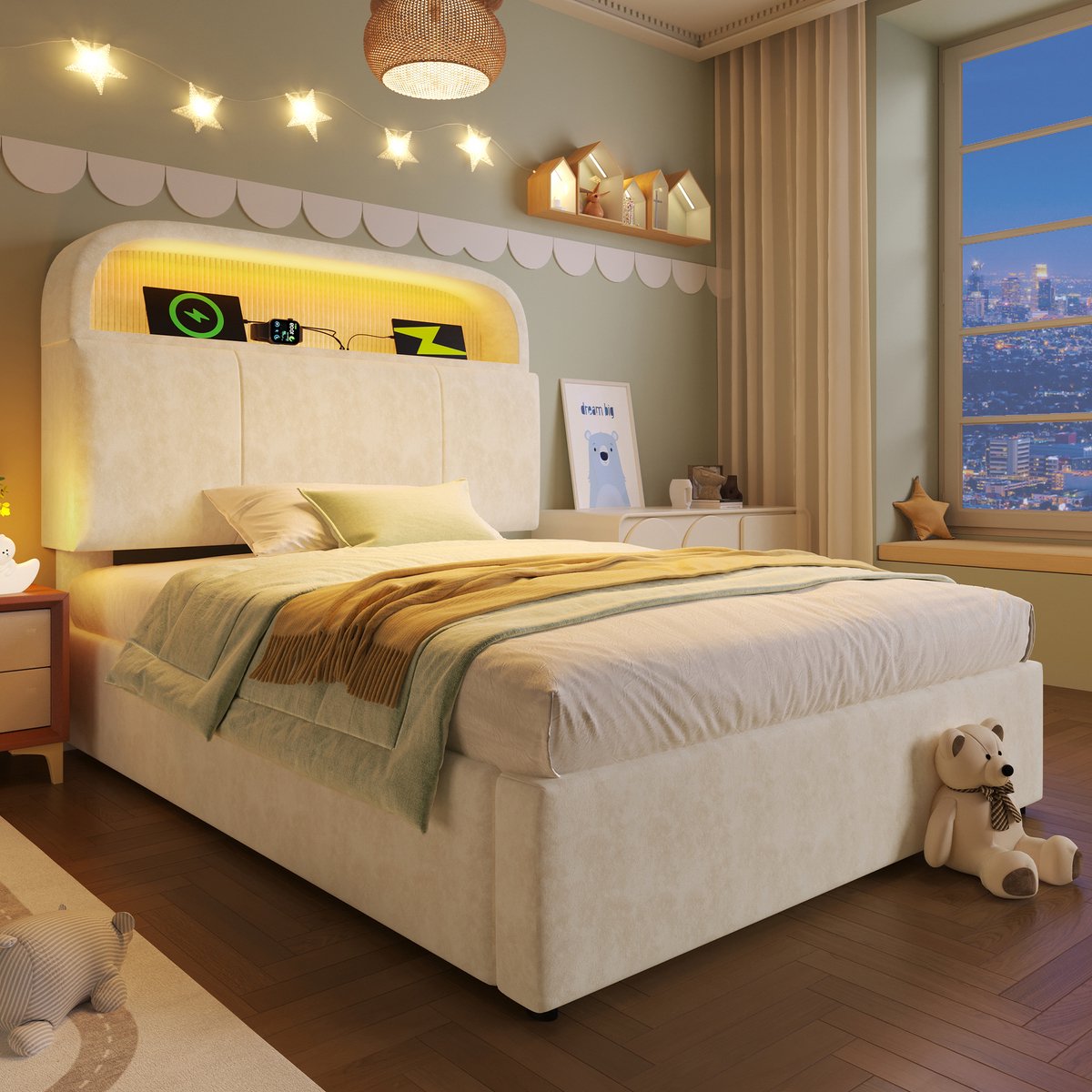 DESMIU Gestoffeerd Bed 90x200cm - Verstelbaar Opberghoofdbord Met Ledverlichting En Oplaadpunt - Hydraulische Opbergruimte - Jeugdkamer - Fluweel - Beige Zonder Matras
