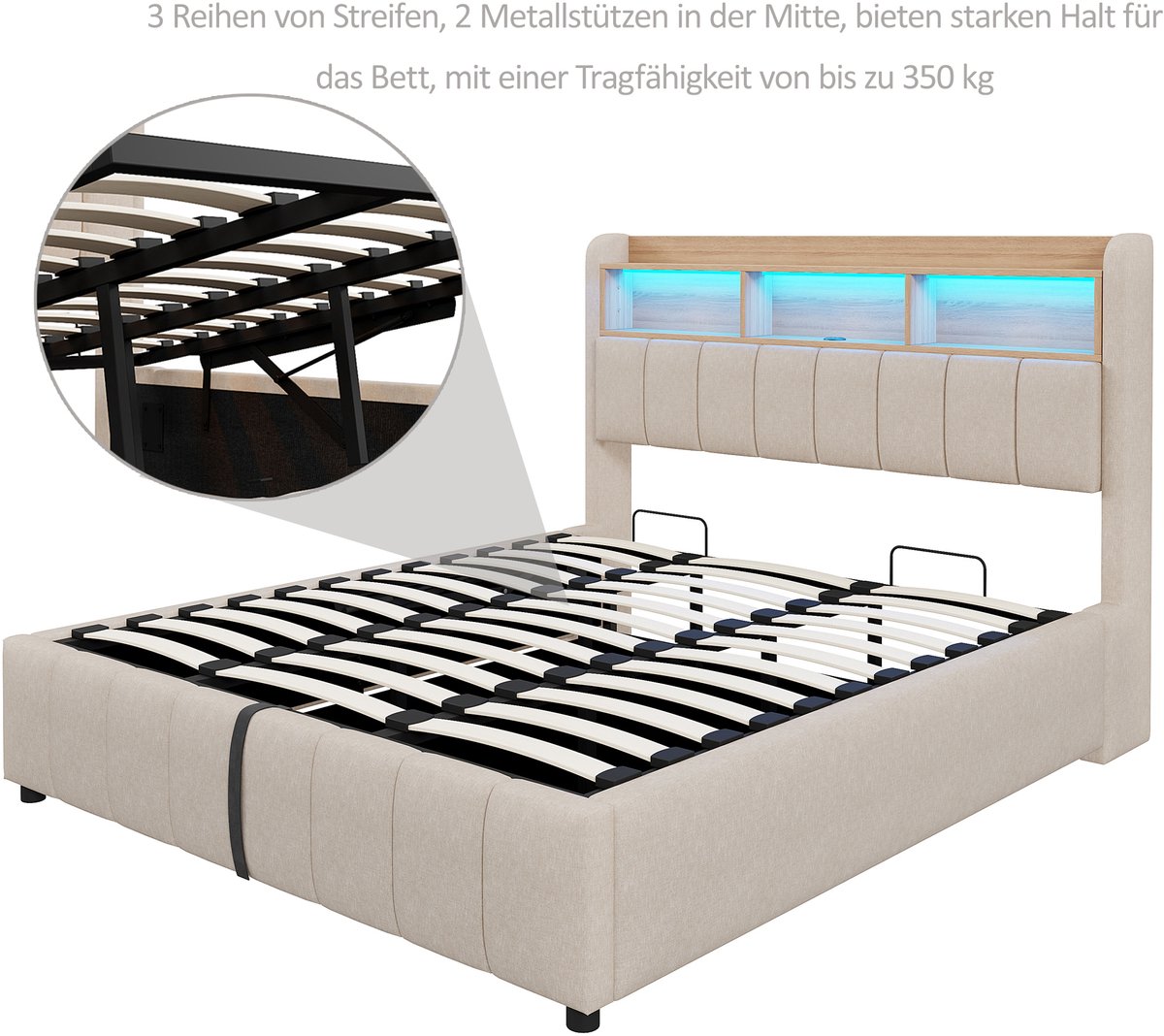 DESMIU Gestoffeerd Bed 180x200cm – Hoofdbord Met Verstelbare Ledverlichting En Usb-C Oplaadfunctie – Hydraulische Opbergruimte – Volwassenenslaapkamer – Linnenlook – Beige Zonder Matras