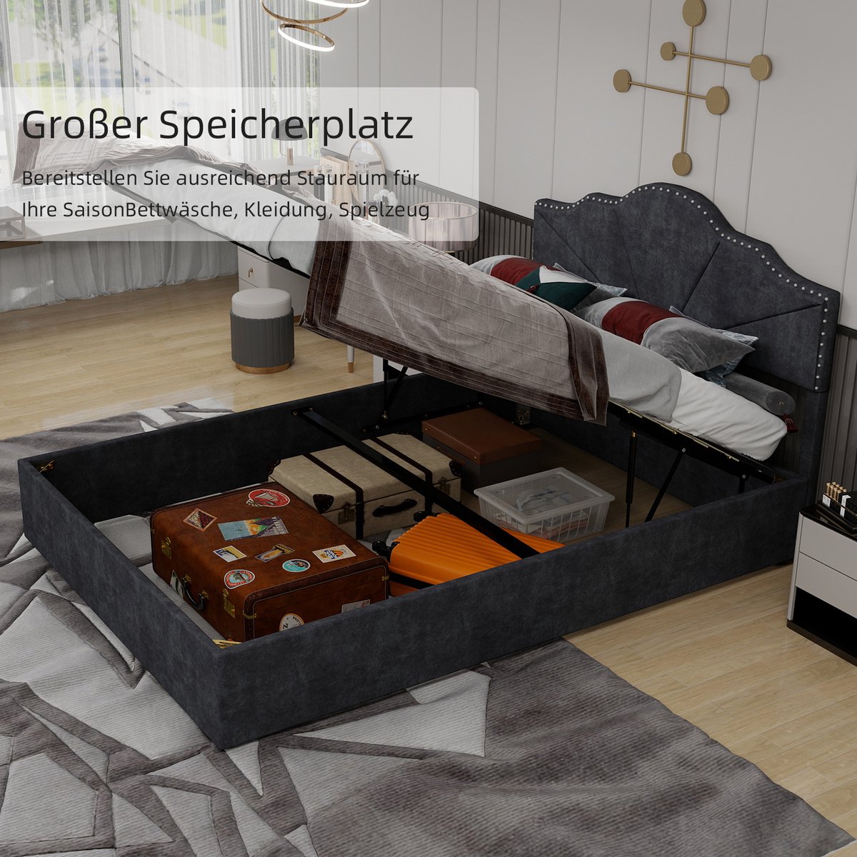 DESMIU Gestoffeerd Bed 140x200cm – Modern Bed Met Geometrisch Hoofdbord – Hoog Opbergbed Met Gasveermechanisme – Voor Slaapkamer – Stof En Metaal – Grijs – Zonder Matras