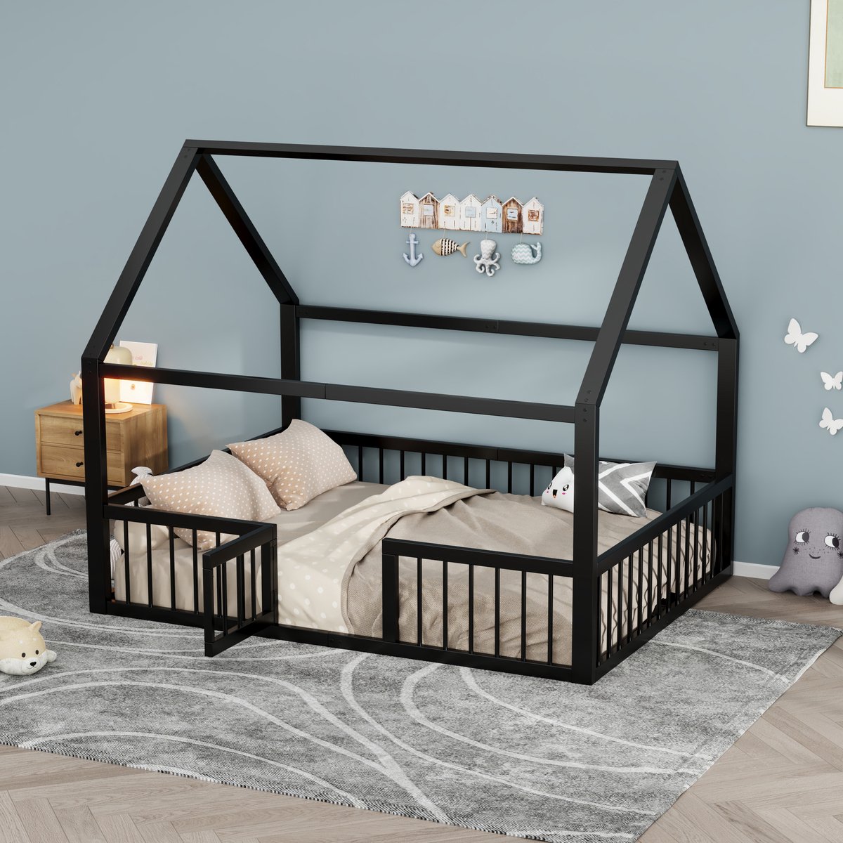 DESMIU Metalen Bed 140x200 cm – Huisvormig Kinderbed Met Veiligheidshek En Deurtje – Zonder Matras – Voor Slaapkamer – Metaal – Zwart