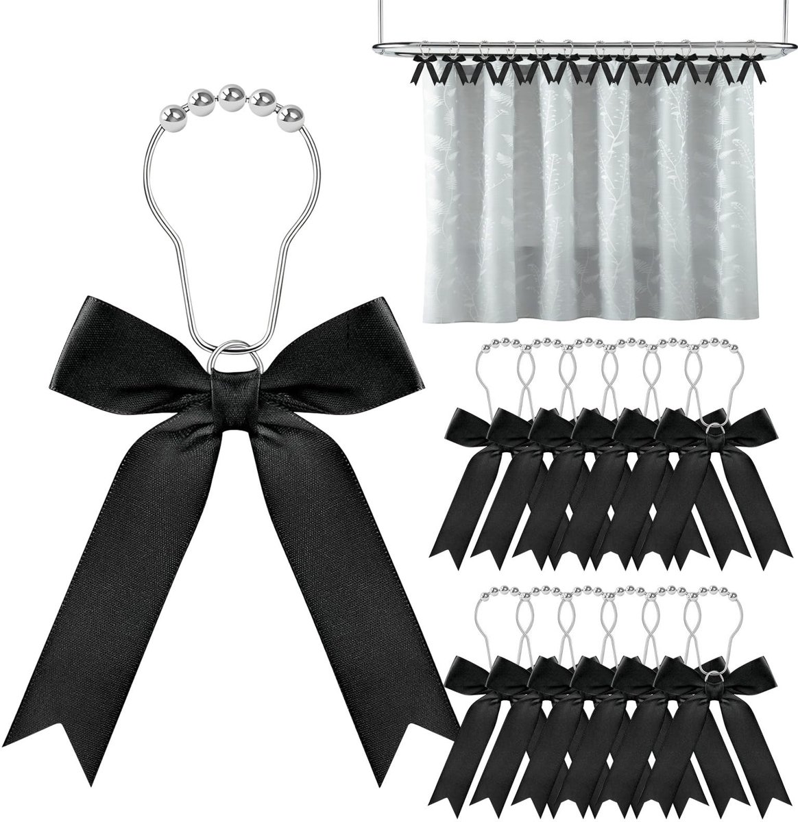 Dailygoods- Douchegordijnhaken 12x Roestvrij Staal - Zwart - Decoratieaccessoires - Strik - Eenvoudig in Gebruik - Hoge Kwaliteit - Douchehaken