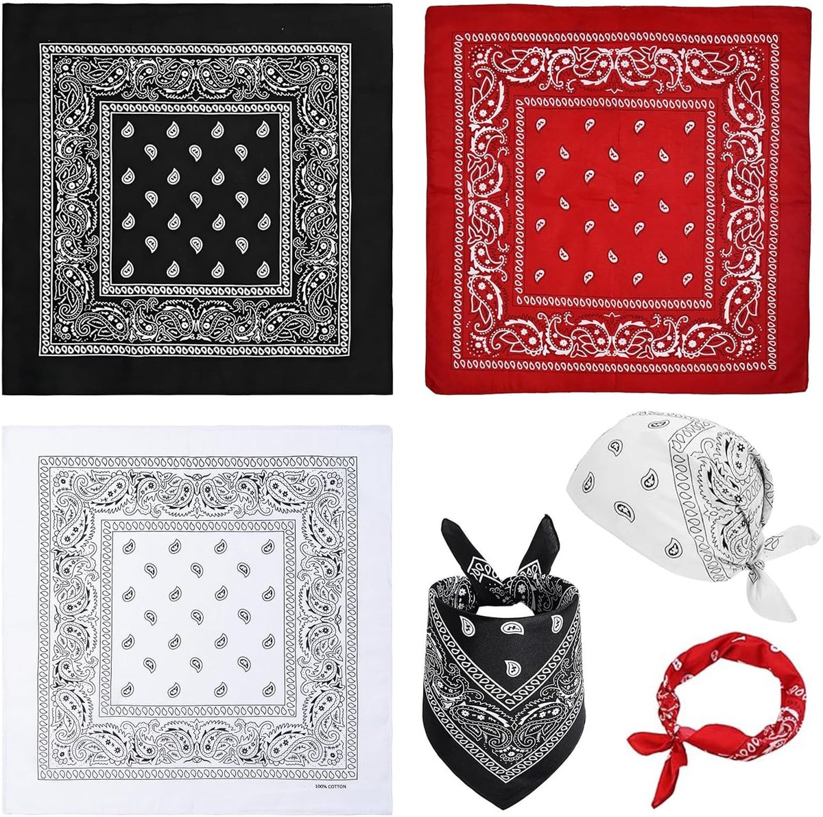 Dailygoods- Bandana Set - 3 Stuks - Multifunctionele Katoenen Hoofddoeken - Paisley Design - 55 x 55 cm - Rood/Zwart/Wit - Hoofddoek