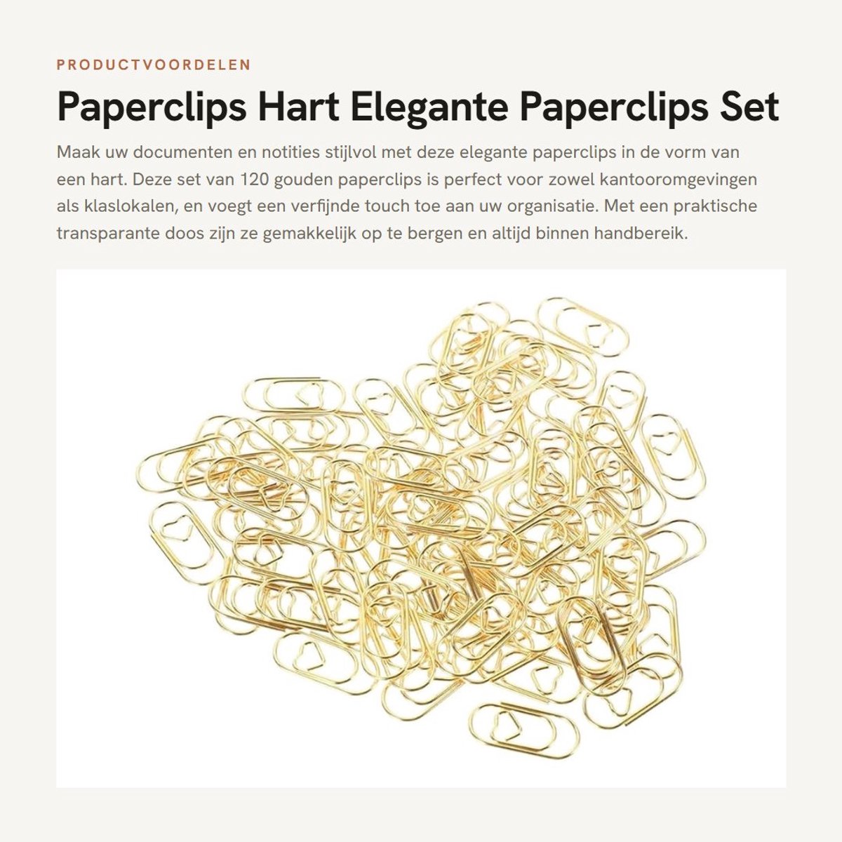 Dailygoods- Paperclips Hartvormig Goud - Verpakking van 120 - Stijlvolle Ovale Motief - Transparante Doos - Kantoor/School - Hoogwaardig Materiaal - Kantoorclips