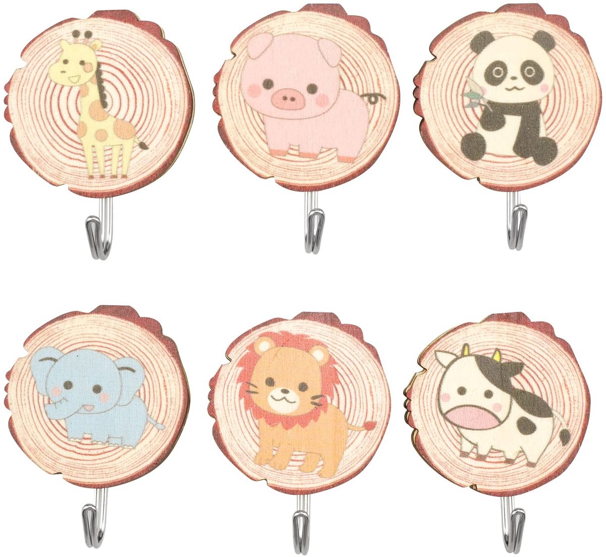 Dailygoods- Haken 6 Stuks - Zelfklevende Houten Dierenhaken - Wandhaken voor Kleding/Sleutels/Hoeden - Kindvriendelijk/Milieuvriendelijk - Maximaal 2,5 kg Belastbaar - Kinderhaken