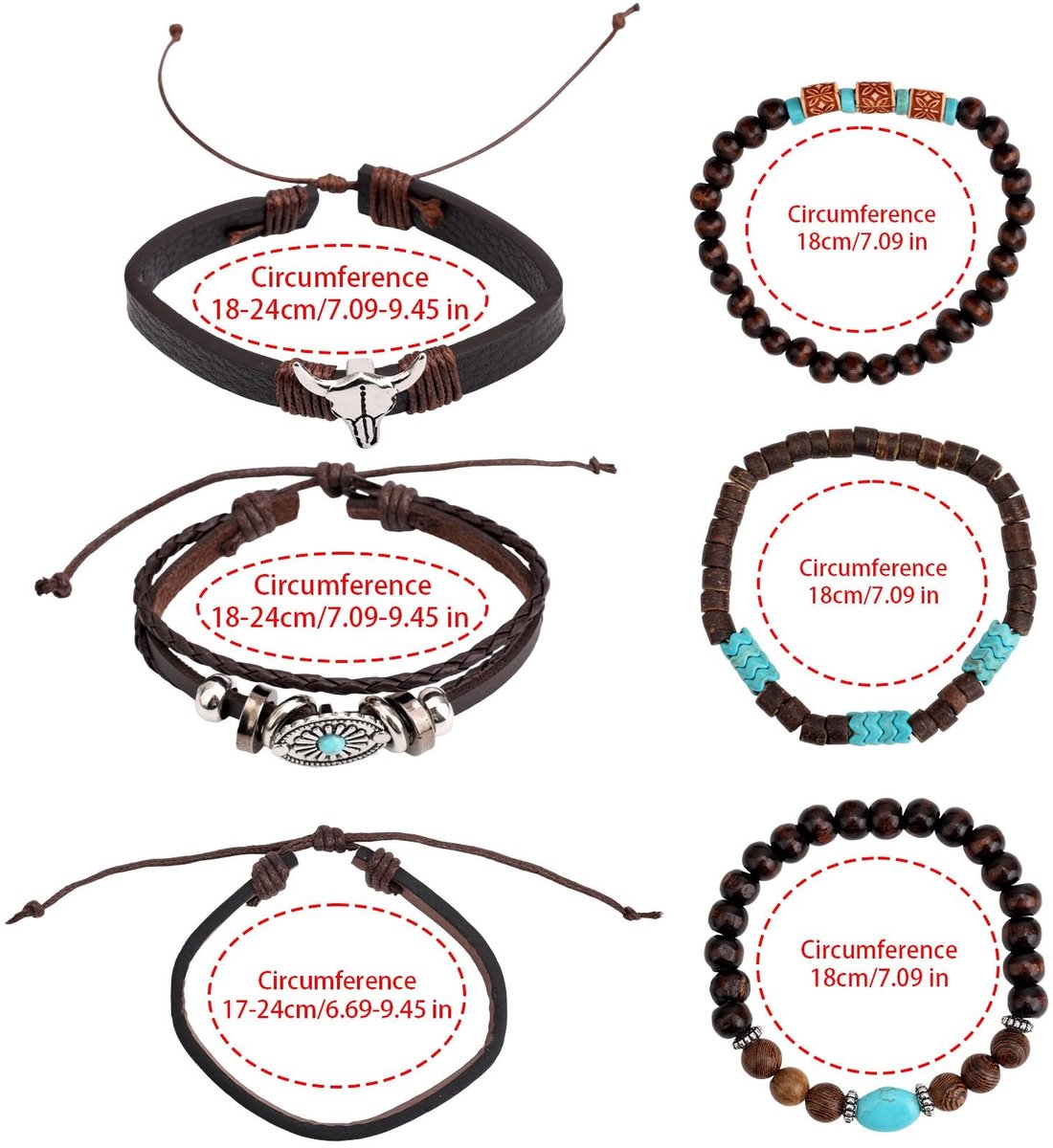 Dailygoods- Kralenarmbanden 6 Stuks - Boheemse Vintage - Turquoise Imitatie - Stapelbare Armbanden - Veelkleurig - PU en Houten Kralen - Sieraden