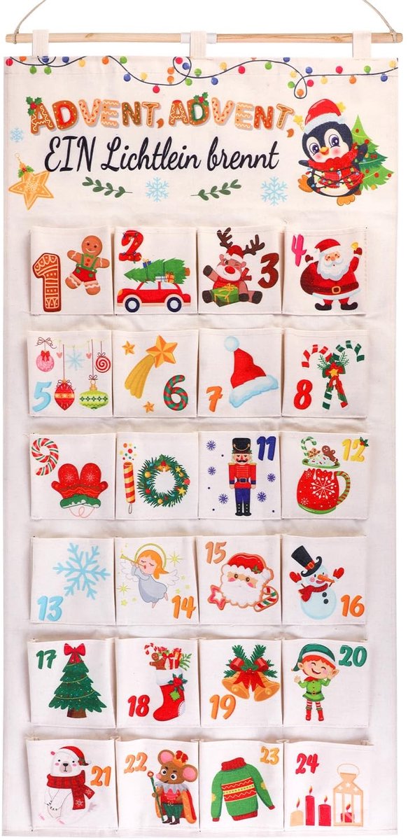 Dailygoods- Adventskalender 2025 - Herbruikbare Wandkalender - 24 Stoffen Zakken - Om Te Vullen - Kerstdecoratie - Voor Kinderen - Kerstkalender