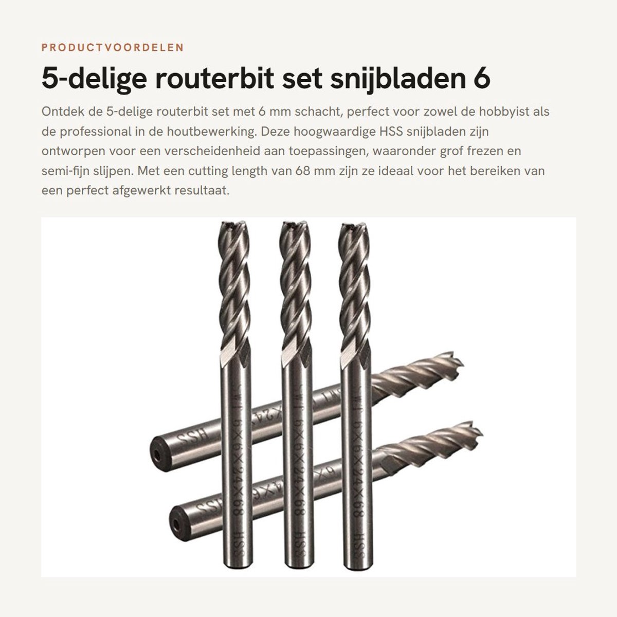 Dailygoods - 5-delige routerbit set - snijbladen - 6 mm schacht - Voor fijn frezen - Geschikt voor houtbewerking - 68 mm snijlengte