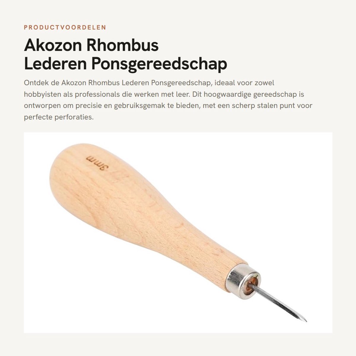 Dailygoods- Ponsgereedschap 3 mm Stalen Puntpriem - Ergonomisch Beukenhouten Handvat - Ruit Priem - Robuust Materiaal - Nauwkeurige Perforaties - Leerpunt