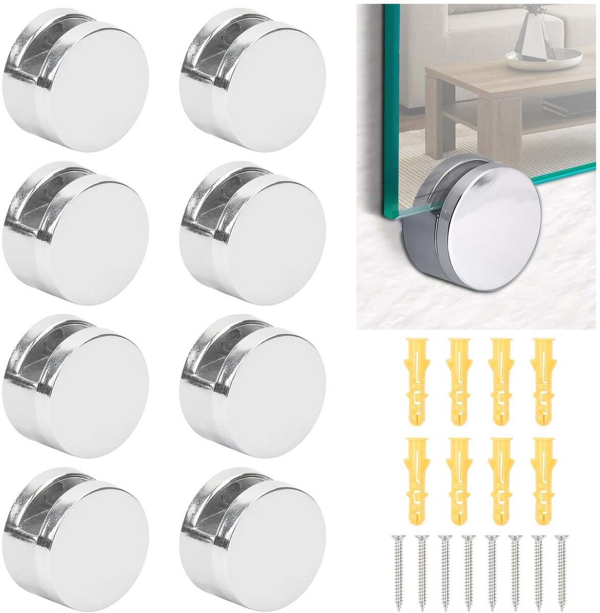 Dailygoods- Spiegelbevestigingen 8 Stuks - Wandophangingen - Zinklegering - Spiegelklemmen - Glazen Clipbeugel - Glanzend Zilver - Geschikt voor Badkamerspiegel - Spiegelhouders