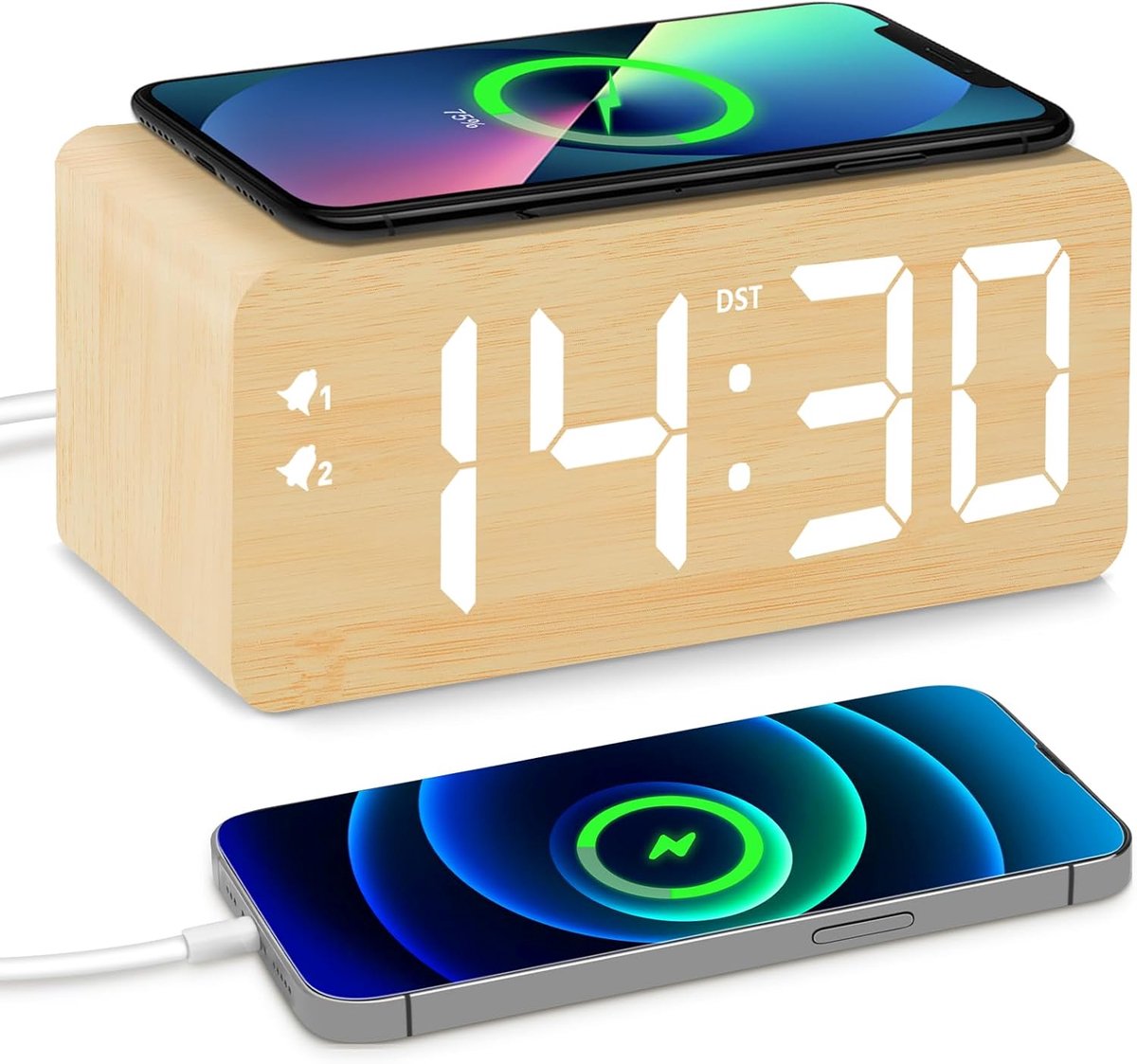 Digitale Houten Wekker - Bureauklok Oplader - Opladen Wakker Worden - Traploze Dimmer - 15 cm Breed - Houtkleurig