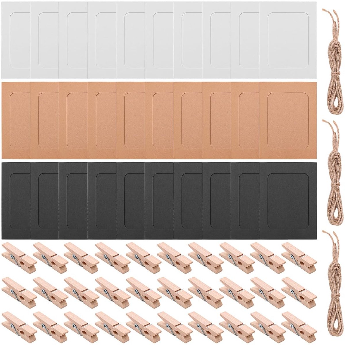 Dailygoods- Fotolijsten 30 Stuks - Papieren Fotolijsten - Houten Clips - Touw - Muurdecoratie - DIY Fotolijsten - Foto Lijstjes