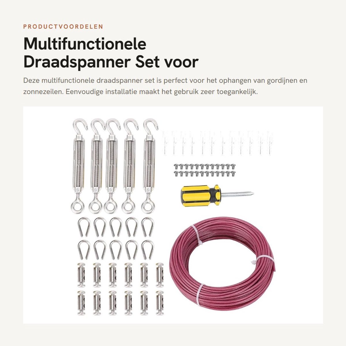 Dailygoods- Draadspanner Set - Multifunctioneel Spanslot - Gecoate Staalkabel - Eenvoudige Installatie - UV-bescherming - Geschikt voor Doe-het-zelvers