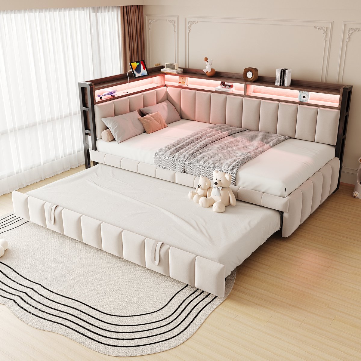 DESMIU Gestoffeerde Slaapbank 90x200 cm – Uitschuifbaar Bed Met Ledverlichting En Usb C Oplaadpunten – Opbergruimte In Hoofd En Voeteneinde – Voor Woon Of Logeerkamer – Fluweel – Beige – Zonder Matras