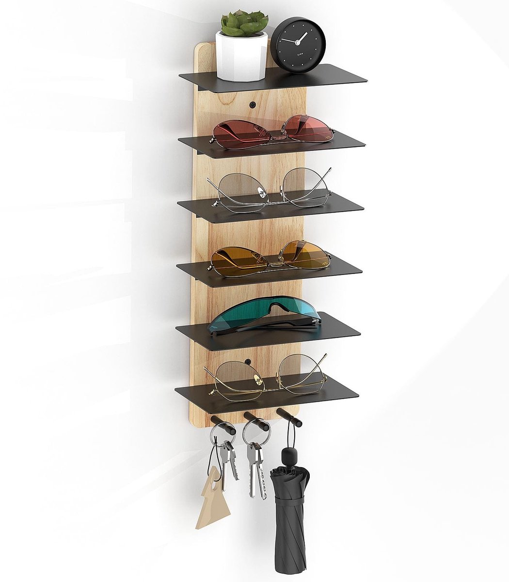 Dailygoods- Brillenhouder Houten - Zonnebril-organizer - Presentatierek 6 Niveaus - Wandorganizer - Sleutelrek - Rustiek Design - Zonnebrilrek