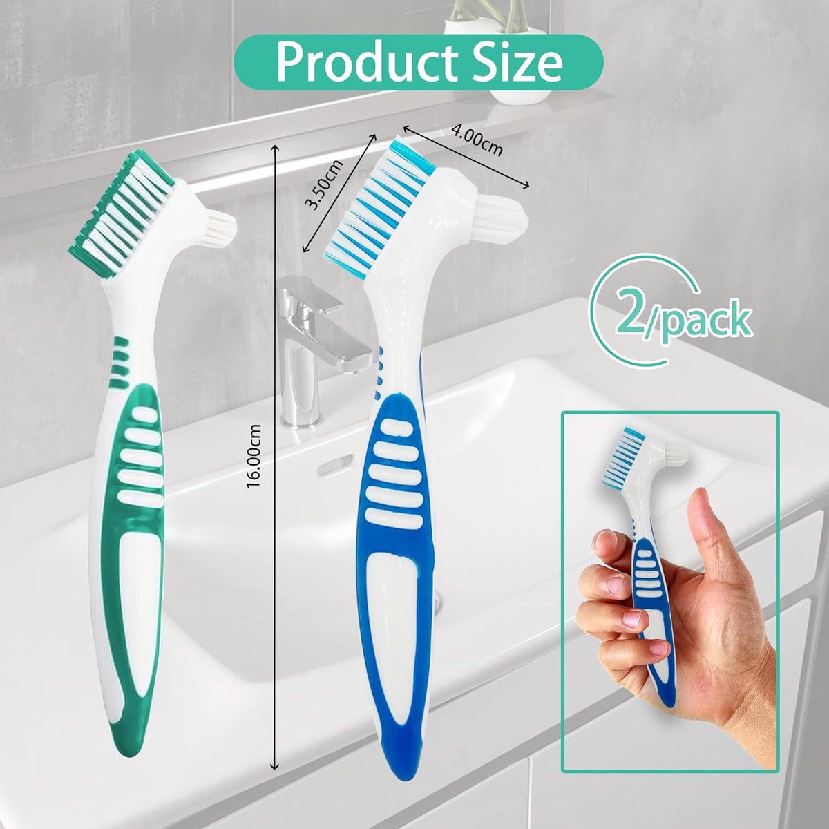 Prothese Tandenborstels - Kunstgebit Borstels - Mondhygiëne - Dubbele Kop - 2 Stuks - Blauw Groen