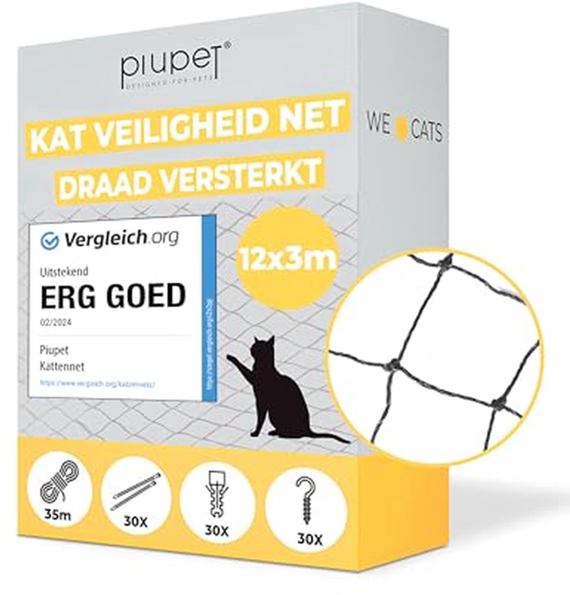 Kattennet - Veiligheidsnet - Balkon Beveiligen - Draadversterkt - 12 x 3 m - Zwart