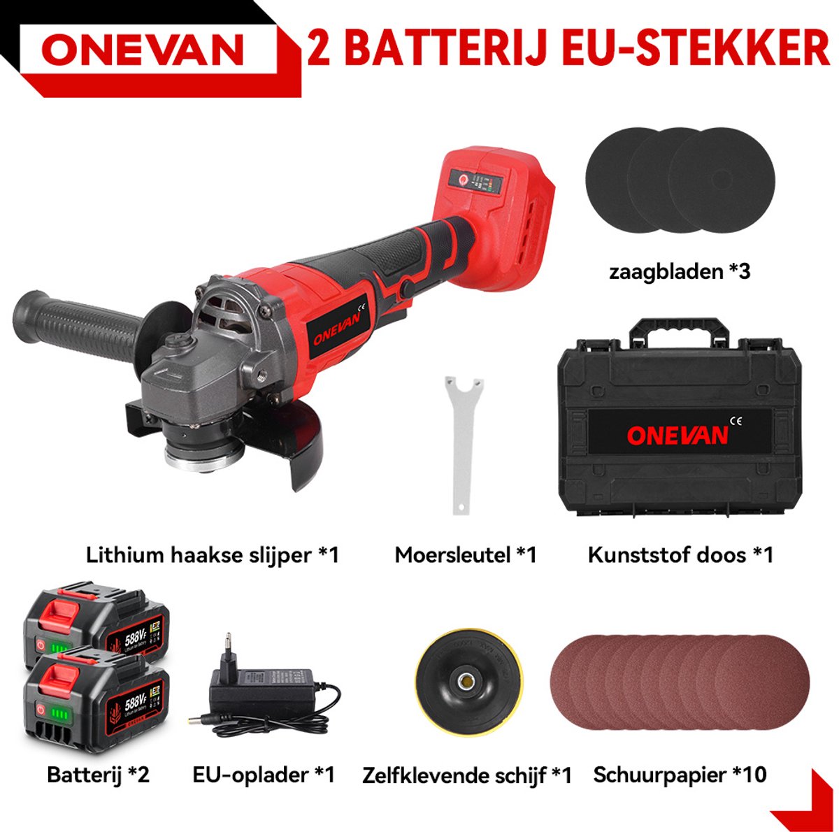 ONEVAN Haakse Slijper - Ø 125 mm Draadloze Slijptol - Elektrische Slijpmachine - Borstelloze slijper - mit 2x Accu’s -3 snelheden - voor snijden, slijpen en polijsten – foto 3