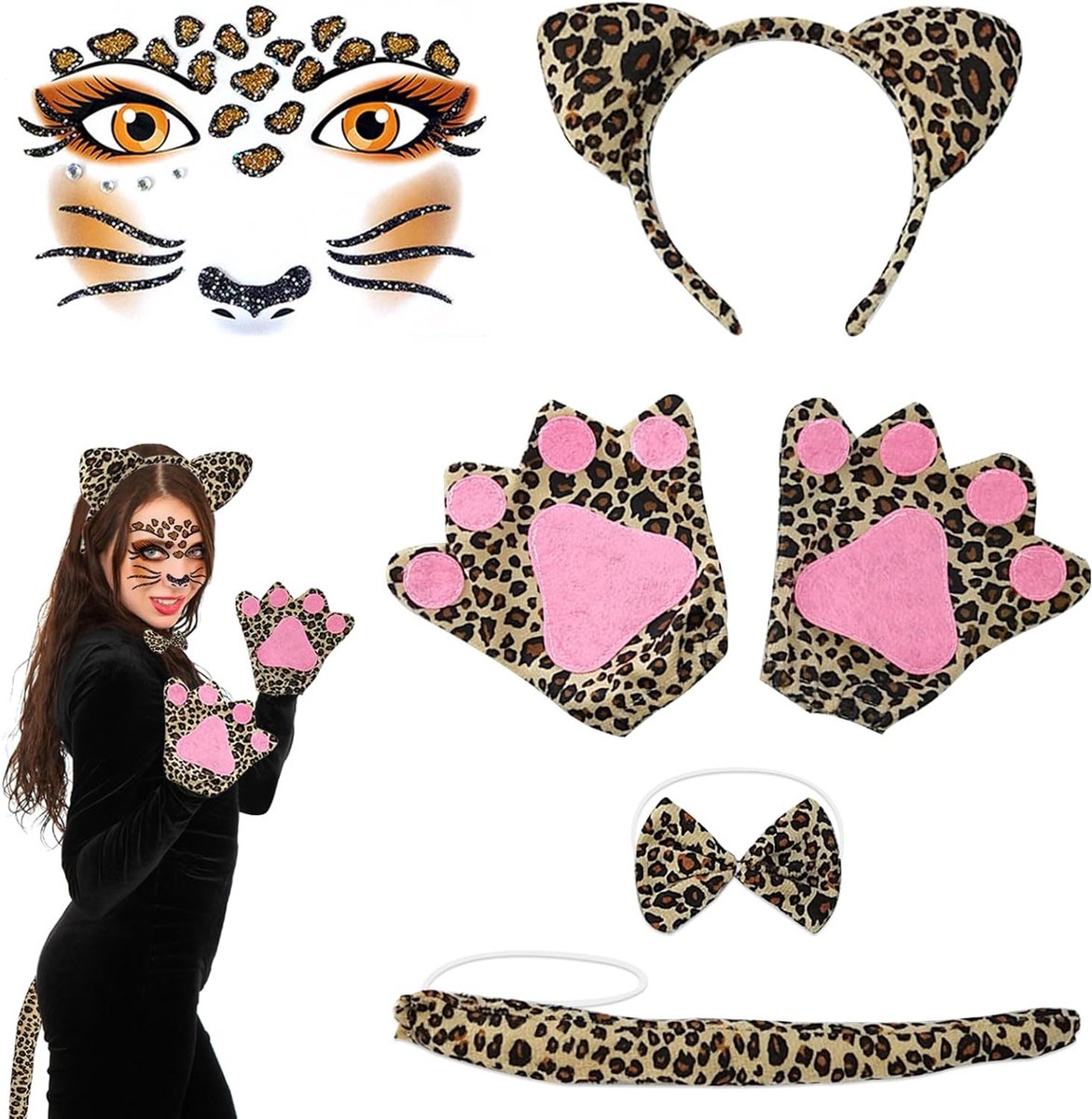 Leopard Kostuum Set voor Dames met Oren, Staart, Haarband, Handschoenen en Gezichtsstickers voor Halloween en Carnaval Feestjes