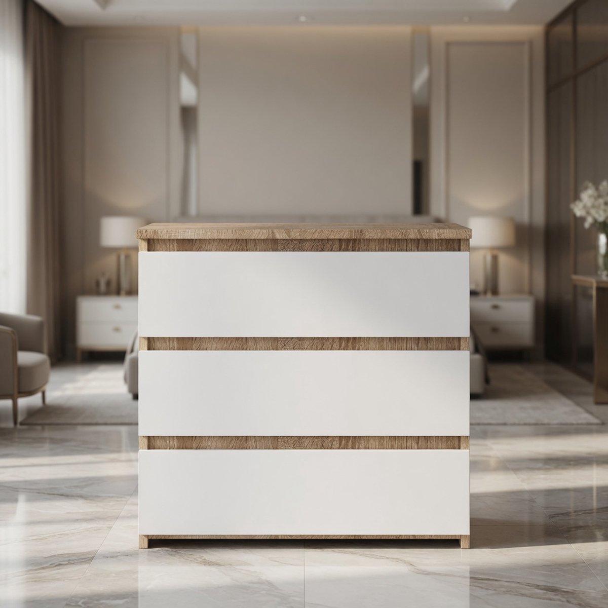 Ladekast 3 Lades Modern – Sonoma Eiken/Wit – Mobili Bella Opbergcommode – Compact Design voor Woonkamer, Slaapkamer & Kantoor – 60x57x35 cm