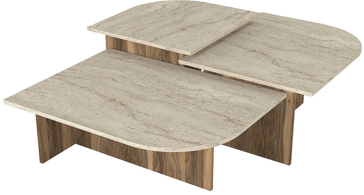 Vente-unique Set van bijzettafels - Beige travertineffect en donker natuurlijk hout - OMELINA