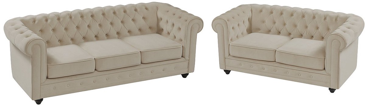 Vente-unique Zitbank 3 plaatsen en 2 plaatsen in beige fluweel CHESTERFIELD