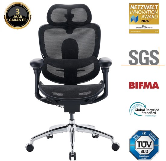 SIHOO Doro C300 Pro V2 Ergonomische bureaustoel zonder voetensteun, adaptieve ondersteuning voor het hele lichaam,8D-armleuningen en ademend mesh,comfortabele bureaustoel met hoge rugleuning voor langdurig gebruik,135° verstelbare rugleuning(zwart)