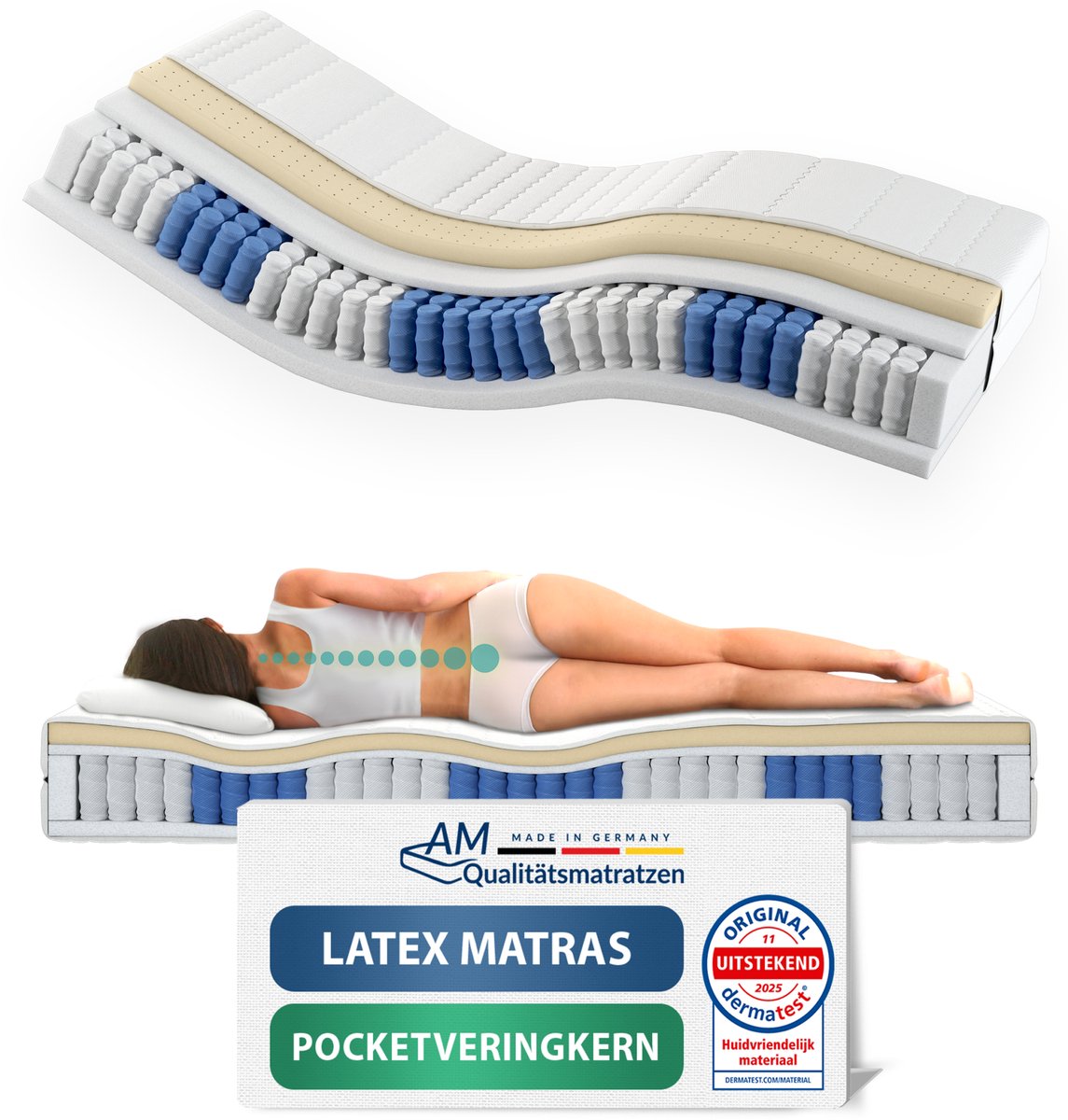 AM Qualitätsmatratzen Latex matras 80x200cm - Gemiddeld (H3) - Latex pocketveringmatras - Matras met geïntegreerde 4cm latex deklaag - 24cm hoogte - Made in Germany Wit